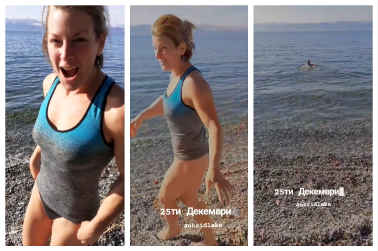 ВИДЕО: Девојката на Игор Џамбазов во полутанга влезе во студените води на Охридското езеро