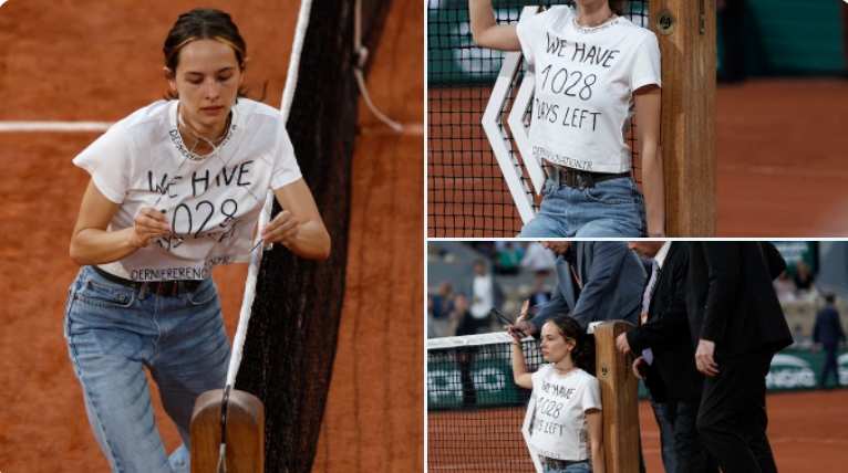 Скандал на Ролан Гарос: Девојка влета на теренот и се врза за мрежата- на маичката имаше ДРАМАТИЧНА ПОРАКА (видео)