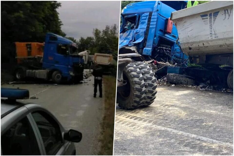 (фото) ВОЗАЧ НА ШЛЕПЕР ЗАГИНА НА ЛИЦЕ МЕСТО: Катастрофален судир на 3 камиони кај Лозница