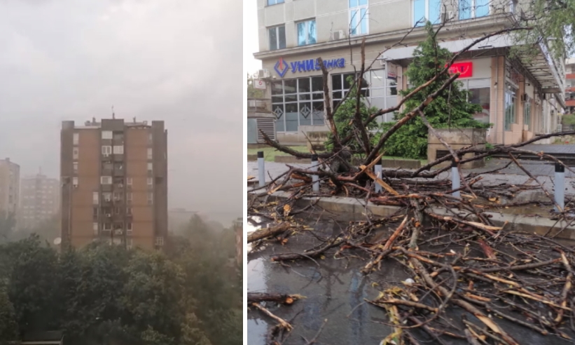 ФОТО+ВИДЕО: Силно невреме го зафати Скопје, ветерот откорна покрив од кула во Острово