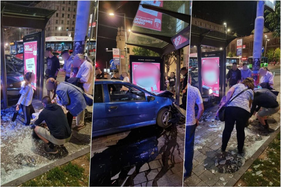 (фото) Автомобил се заби во автобуска постојка вечерва: Жена е повредена- ужасни сцени во центарот на Белград